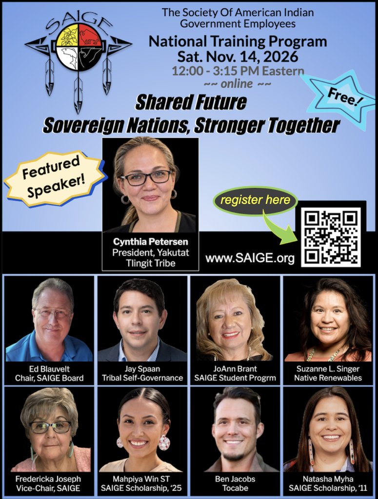 SAIGE logo and pictures of speakers for National Training Program Nov. 14, 2026